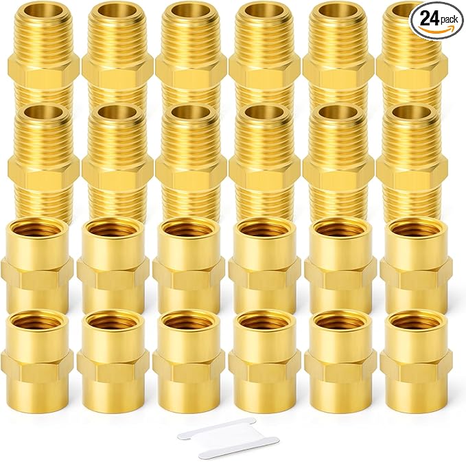 GASHER 24PCS Brass Pipe Fitting, Hex Nipple Brass Hex Coupler, 1/8" x 1/8" NPT Male Thread Pipe, 1/8Inch x 1/8Inch NPT Female Thread Pipe