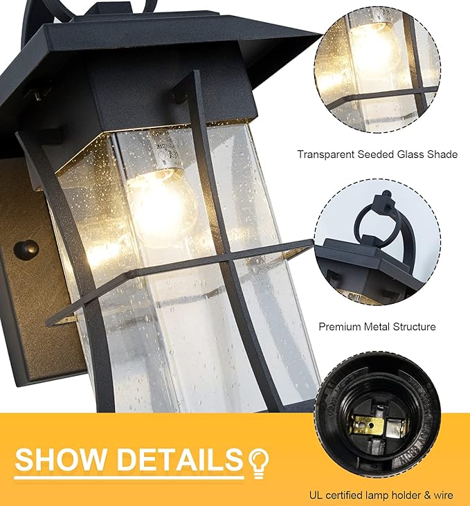 Dusk to Dawn Outdoor Wall Lantern Exterior Light Fixtures Wall Mount Porch Light with Photocell Sensor Waterproof Outside Wall Lights for House, Patio, Garage, Black with Seeded Glass