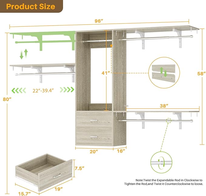 Cyclysio 8 FT Hanging Closet Organizer, 96 Inch Closet Organizer and Storage with 4 Adjustable Rods and 3 Shelving Towers, Wardrobe with Drawers for 4-8FT Spaces(Cut-to-Fit), Oak
