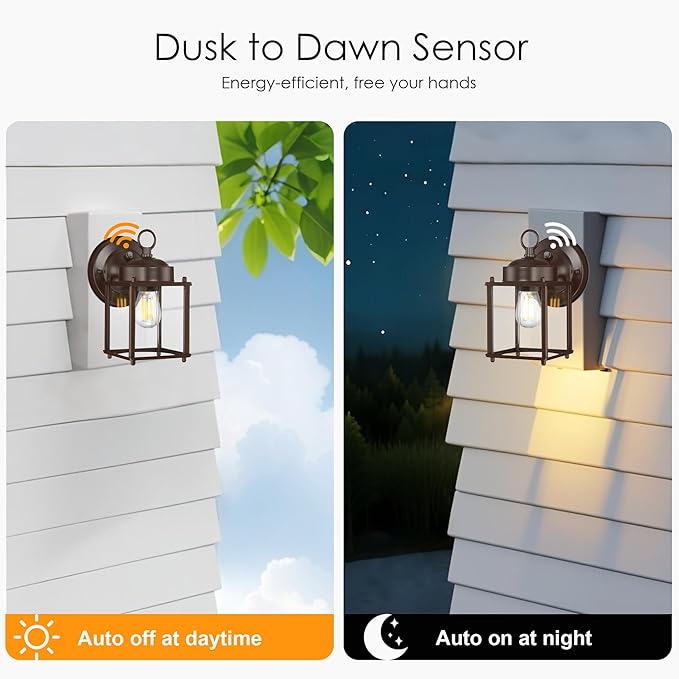GRUENLICH Dusk to Dawn Outdoor Wall Lantern, Exterior Wall Sconce Light Fixture, Outside Porch Lighting with Clear Glass for House, Patio, Bronze, 2 Pack