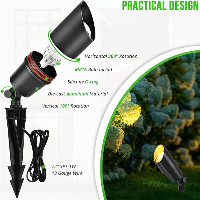 Wowlite 12V Low Voltage Landscape Lighting, Adjustable LED Outdoor Spotlights for House, IP65 Waterproof Matte Black Aluminum Garden Lighting for Trees, Yard, Patio (5W 2700K Warm White Bulb Included)