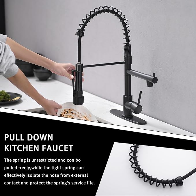 AIMADI Black Kitchen Faucet with Pull Down Sprayer, Commercial Single Handle High Pressure Kitchen Faucet Black with Deck Plate