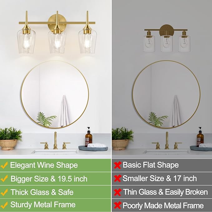 3-Light Bathroom Light Fixtures, 19.5 Inch Brushed Gold Vanity Lights with Wine-Glass Shape, Bathroom Lights Over Mirror, Modern Wall Lamps for Bedroom Living Room Hallway
