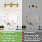 3-Light Bathroom Light Fixtures, 19.5 Inch Brushed Gold Vanity Lights with Wine-Glass Shape, Bathroom Lights Over Mirror, Modern Wall Lamps for Bedroom Living Room Hallway