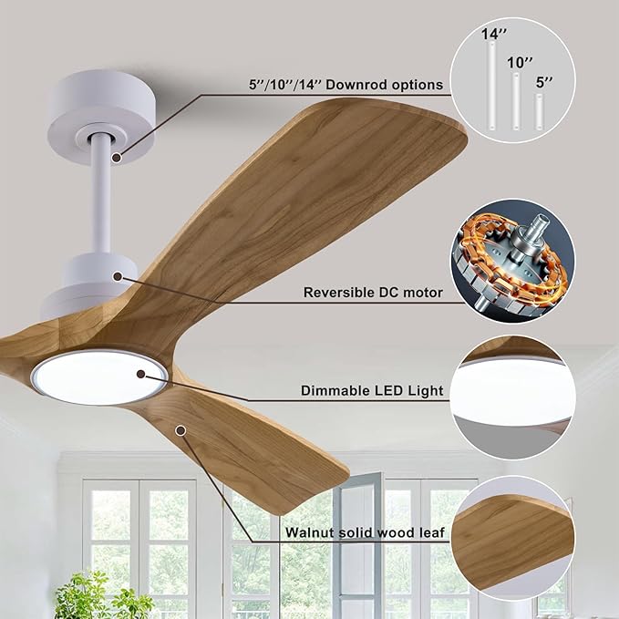 52" Wood Ceiling Fan with Lights Remote Control,Quiet DC Motor 3 Blade Ceiling Fans for Patio Living Room, Bedroom, Office,Indoor Outdoor(Raw wood+White)