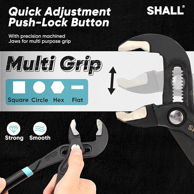 SHALL 3-Piece Groove Joint Pliers Set (12, 9-1/2, 7 Inch), Push-Lock Water Pump Pliers In Cr-v Steel, Fast Adjustable Tongue and Groove Pliers with Tool Roll Bag for Home Repair & Plumbing