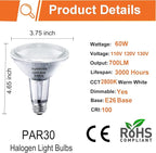 Par30 Flood Light Bulbs, 6-Pack Dimmable Par30 Halogen Bulb 2800K Warm White Flicker Free Par30 Long Neck Halogen 60W Bulb E26 Base for Accent Lighting, Tracking Lighting & Recessed Lighting