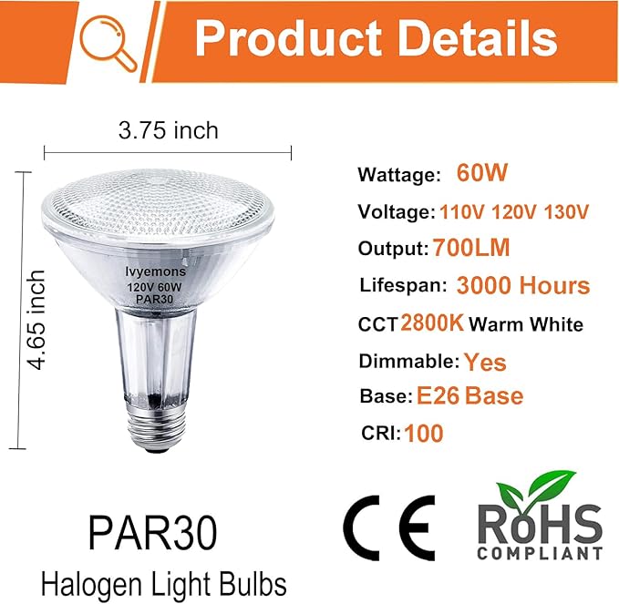 Par30 Flood Light Bulbs, 6-Pack Dimmable Par30 Halogen Bulb 2800K Warm White Flicker Free Par30 Long Neck Halogen 60W Bulb E26 Base for Accent Lighting, Tracking Lighting & Recessed Lighting