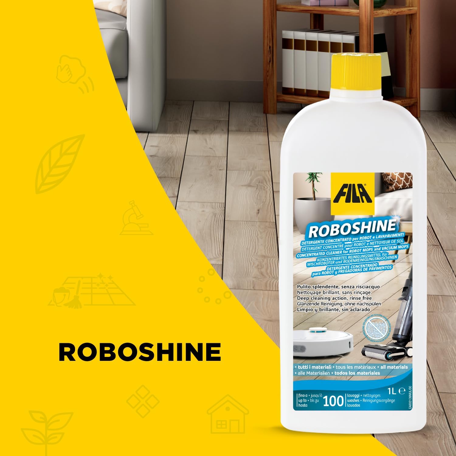FILA Surface Care Solutions, ROBOSHINE, Detergent for All Robot Vacuum and Mop Combo and Wet Dry Vacuum Cleaner, Up to 100 Washes, Hard Floor Cleaner Mop Liquid for All Floor Tiles, 1Qt