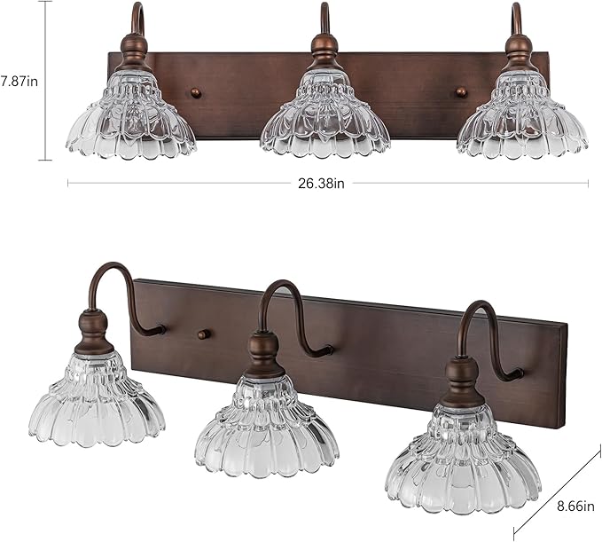 EDISLIVE Vintage Vanity Light for Bathroom ORB 3-Light Bath Wall Light Fixture with Clear Flower Glass Shades 26.38" E12 Antique Wall Sconce for Bedroom Hallway Living Room Vanity Mirror