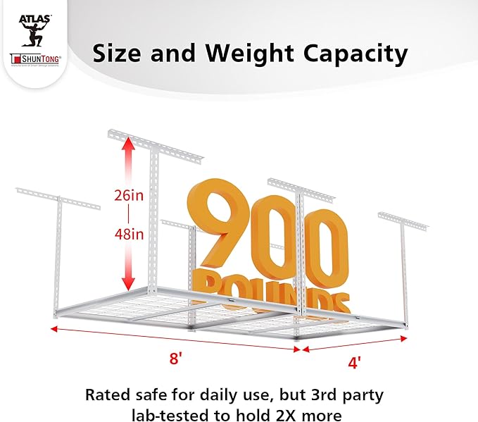 The Atlas 4 x 8 ft Adjustable Height Overhead Garage Storage Rack 900 lbs Heavy Duty Capacity White