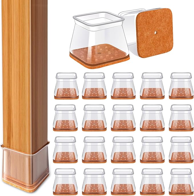 28Pcs Chair Leg Floor Protectors Square for Hardwood Floors Silicone Caps Felt Furniture Pads Covers Clear Chair Sliders, Protect The Floor from Scratches(Fit:1-1/16" ~ 1-5/8")