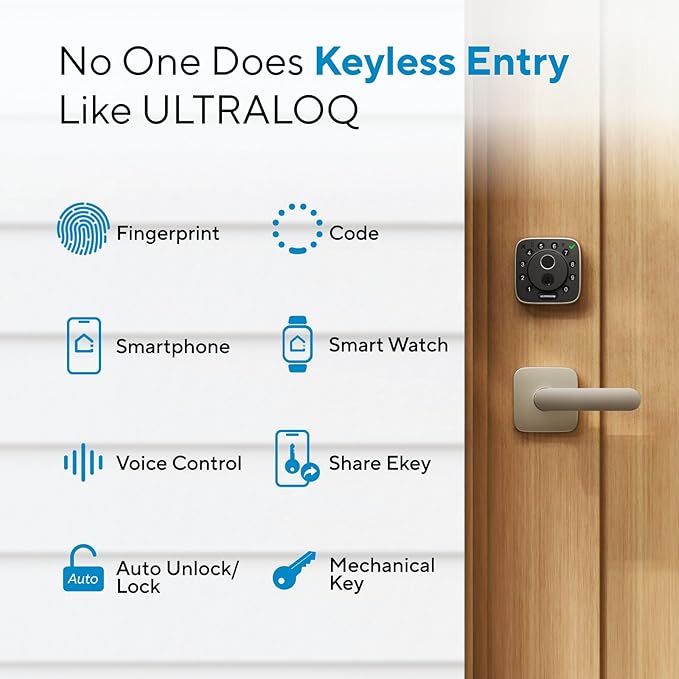 ULTRALOQ Bolt Fingerprint Smart Lock with Door Sensor, Built-in WiFi Smart Locks for Front Door, Biometric Smart WiFi Deadbolt, Auto Unlock, 10 Months Battery, IP65 Waterproof, BHMA Grade AAA