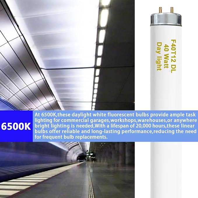 T12 48 Inches 40 Watt Fluorescent Tube, F40T12/865 Light Bulb, 6500K Daylight, 3050 Lumens, 4ft Fluorescent Bulb, G13 Bi-Pin Base 9 Count