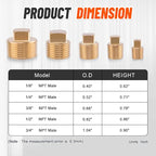 18PCS Brass Pipe Fitting,1/8" 1/4" 3/8" 1/2" 3/4" NPT Male Square Head Plug Brass Cored Plugs Fittings for Boat,Gas,Drain Plug