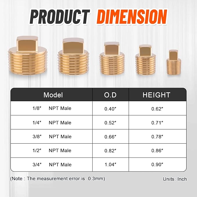 18PCS Brass Pipe Fitting,1/8" 1/4" 3/8" 1/2" 3/4" NPT Male Square Head Plug Brass Cored Plugs Fittings for Boat,Gas,Drain Plug