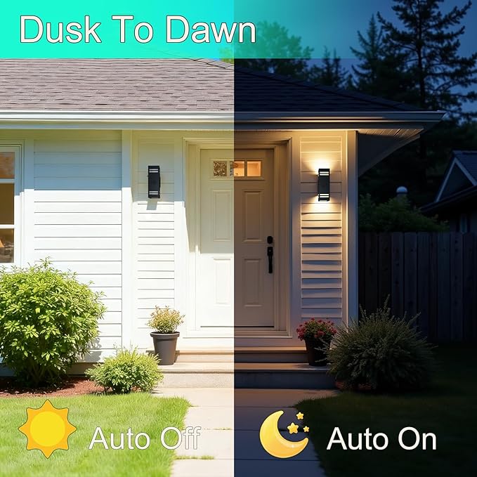Motion Sensor Outdoor Wall Lights with Dusk to Dawn, E26 Dimmable LED Bulbs Included, Black Aluminum Up & Down Waterproof Porch, Patio, Garage, Garden, Front Door, ETL Listed 2 Pack
