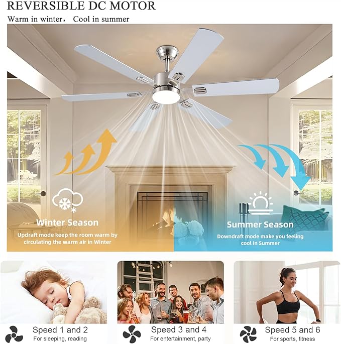 56inch Ceiling Fans with Lights and Remote/App Control, Dimmable LED, Reversible DC Motor, Noiseless, 6 Double-Side blades, 6 Speeds Low Profile Ceiling Fan for Indoor/Outdoor Use（ Nickel）