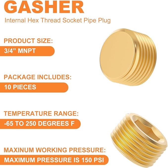 GASHER 10Pcs Brass Hex Plug Pipe Fitting, 3/4" NPT Male Pipe Plug Fitting For Closing The End Of Pipe