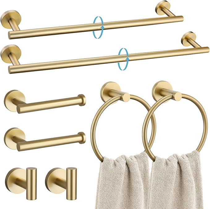 TURS Brushed Gold 8 Piece Bathroom Hardware Set, SUS304 Stainless Steel 24 Inch and 20 Inch Bath Towel Bar Set, Round Bathroom Accessories Kit Wall Mounted