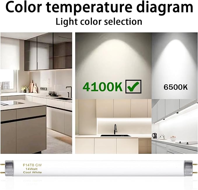 amgolibi F14T8/CW 14W Fluorescent Tube, T8 Fluorescent Light Bulb 4100K 14 Watt, 15 Inches, G13 Medium Base, 650 Lumen, 6 Pack