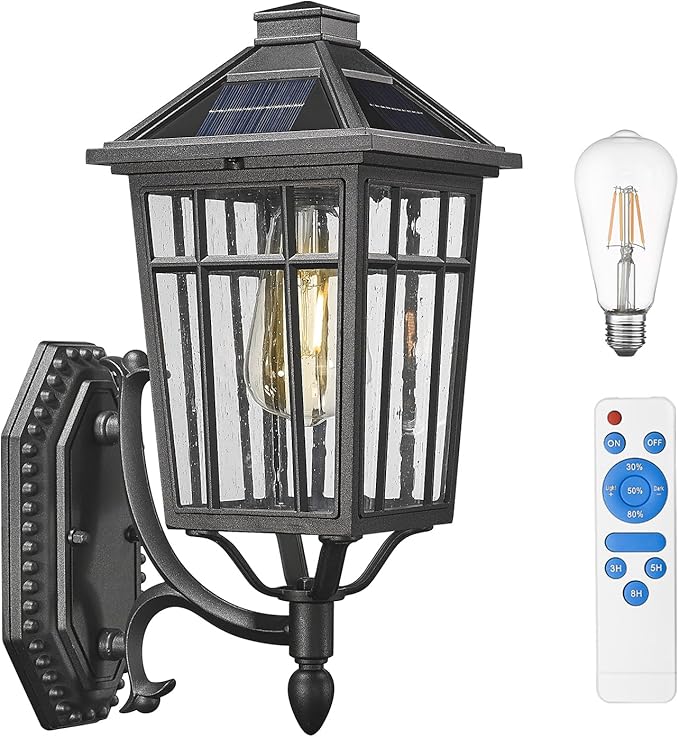 Darkaway Solar Outdoor Wall Lights, Dusk to Dawn Outside Wall Sconce Lighting with Remote, Black Exterior Light Fixture for House Porch Yard Hallway Doorway Garage