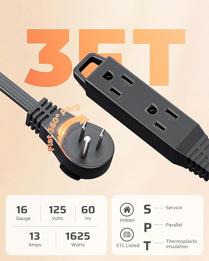 DEWENWILS 3FT 360° Rotating Flat Plug Extension Cord/Wire, 16AWG Multi 3 Outlet Extension Cord, 3 Prong Grounded Wire for Small Appliances, 2 Pack, Black