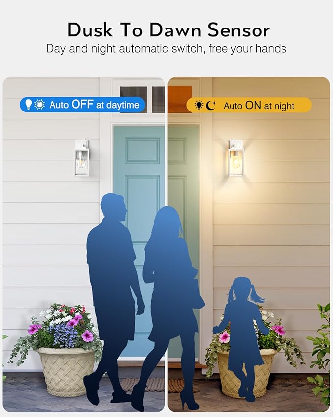 VIANIS Outside Lights for House Wall Mount, White Dusk to Dawn Outdoor Lighting Fixtures, Waterproof Anti-Rust Aluminum Porch Lights with Tempered Seed Glass, Modern Outdoor Wall Lantern for Garage