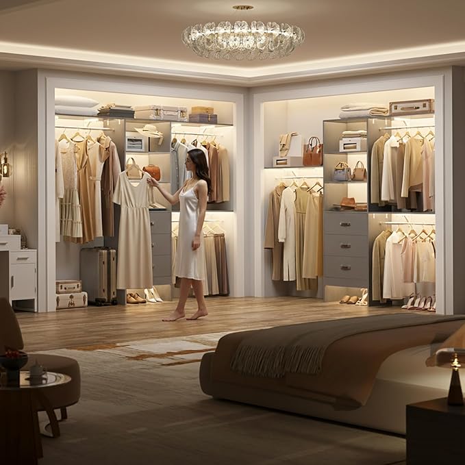 Closet System with Drawer - 8FT Wood Closet Organizer System with 3 Hanging Rods and Shelving Tower, 96" Walk In Closet Organizer Wardrobe, Heavy Duty Garment Rack Clothes Rack, Grey