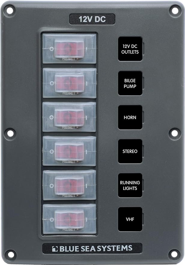 Blue Sea Systems 4322 Water-Resistant Circuit Breaker Switch Panel, Gray, 6 Positions