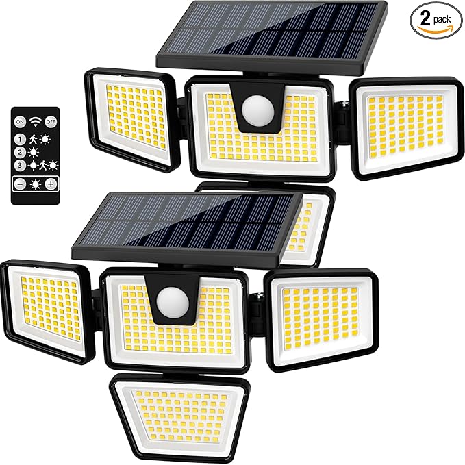 AmeriTop Solar Lights Outdoor, 2 Pack LED High Brightness Cordless Solar Motion Sensor Lights; 4 Adjustable Heads, 320° Wide Angle Illumination, IP65 Waterproof, Security LED Wall Light(Daylight)