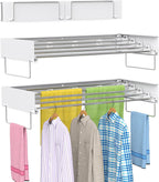 Wall Mounted Drying Rack, Foldable Laundry Rack, Collapsible Drying Rack, 5 Stainless Rods, Wall Mounted Clothing Rod with 2 Towel Bar, 90 lb Capacity, 31.5" White