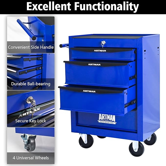 4-Drawer Steel Rolling Tool Cart with Wheels & Handle, Heavy-Duty Tool Chest Storage Cabinet for Garage and Workshop