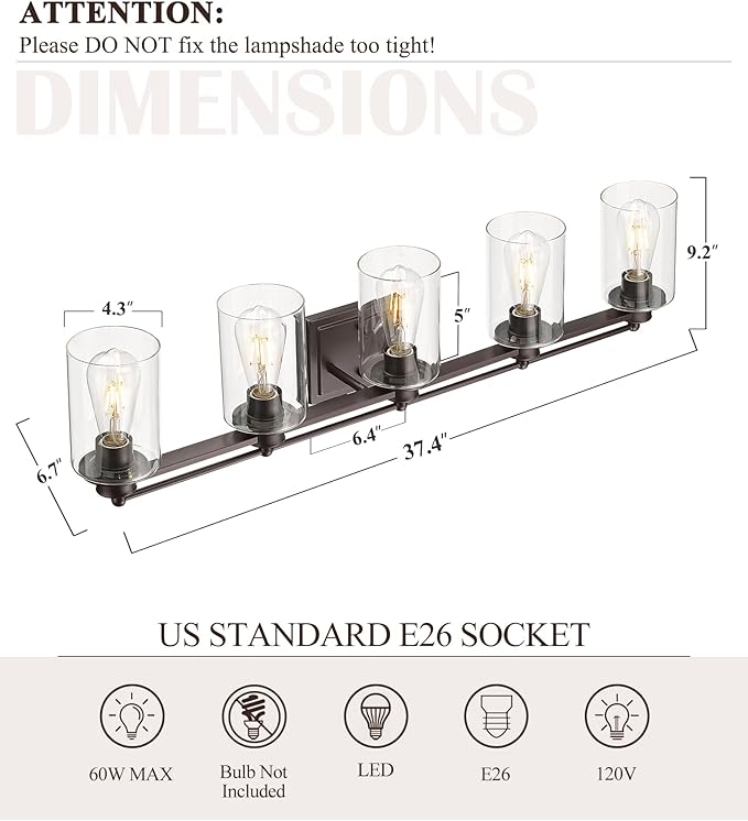 Bathroom Light Fixtures, HWH 5-Light Vanity Lights Over Mirror, 37-inch Farmhouse Wall Light, Oil-Rubbed Bronze Finish, 5HLT63B-5W ORB