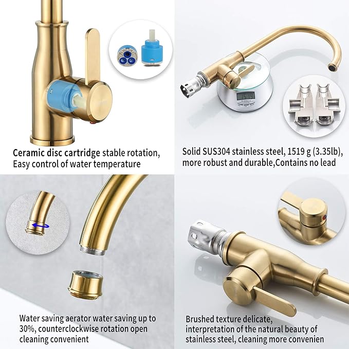 Brushed Gold Kitchen Faucet ，Modern High Arc Bar Sink Faucet ，Commercial Stainless Steel Kitchen Sink Faucet One Hole with Deck (Brushed Gold)