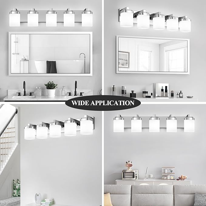 5-Light Bathroom Light Fixtures, Chrome Vanity Lights for Bathroom Mirror Lamp with Milky White Square Glass Shade, E26 Base Modern Wall Sconce Kitchen Light Fixtures Led Vanity