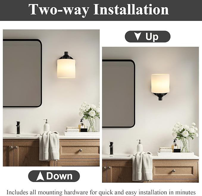 Matte Black Milk Glass Wall Sconces, 1 Pack Hardwired Indoor Wall Light Fixtures for Living Room, Hallway, Bedroom, Ceramic E26 Sockets (Bulbs Not Included)