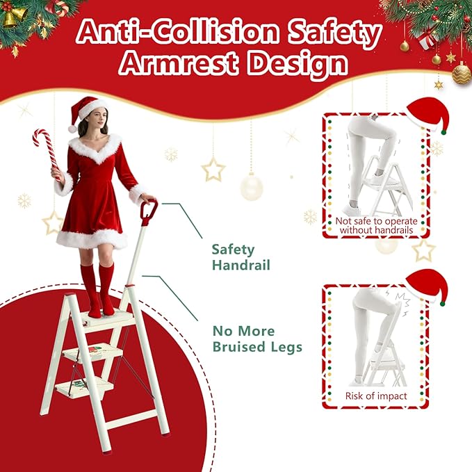 3 Step Ladder, Christmas Tree 3 Step Ladder with Single-Handrail, 3 Step Stool with Anti-Slip Pedals for Home Kitchen,Xmas Decoration Ladder for Tree and Holiday Decoration,600lbs Max Load Capacity