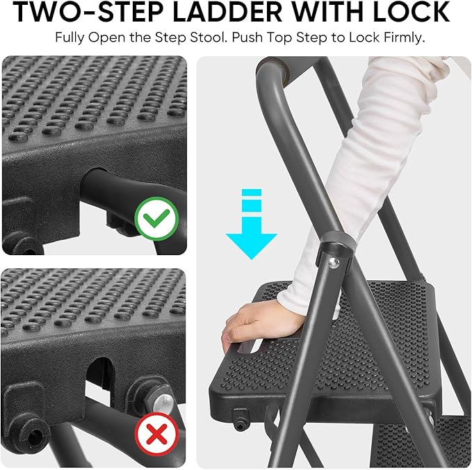 TICONN 2 Step Ladder, Heavy Duty Foldable Step Stool, Portable Steel Folding Stool for Household Garage Storage (Black)