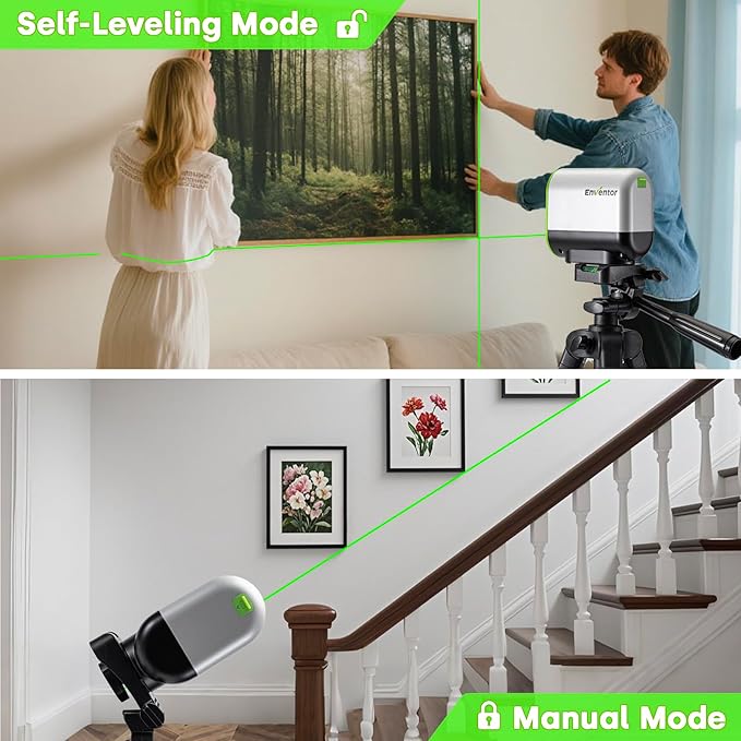 Enventor Green Laser Level, Self Leveling Laser Level for Picture Hanging and Home DIY, Horizontal and Vertical Cross-Line Laser, Rotatable 360° Magnetic Holder, Pulse Mode, USB Charging