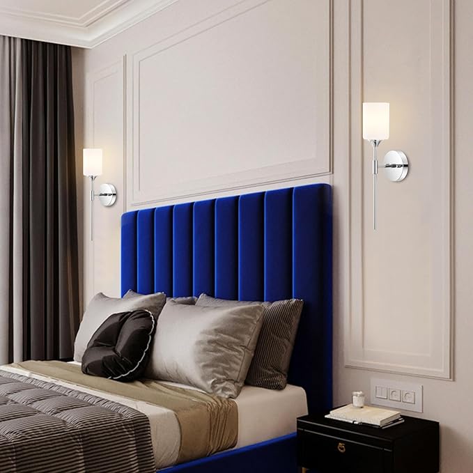 Modern Wall Sconce Set of 2 White Cylinder Glass Shades Mid Century Bathroom Vanity Wall Light Fixtures Industrial Wall Lamp for Bedroom Mirror Living Room Restaurant(Chrome Color)