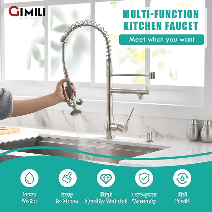 GIMILI Commercial Kitchen Faucet with Pull Down Sprayer, Double Headed Single Handle High Pressure Kitchen Faucet with Soap Dispenser Brushed Nickel