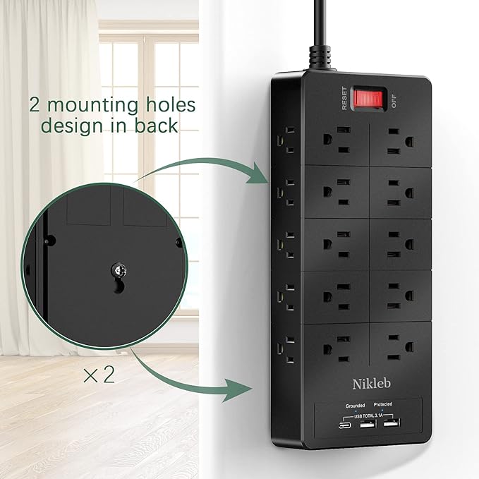 Power Strip 23 in 1, 20 Outlets Surge Protector Wall Mount with 2 USB+1 USB C Ports, Multi Plug Extension Cord 6ft Heavy Duty, Accessories for Gaming, Studio, Home, Office, Desk Organizers