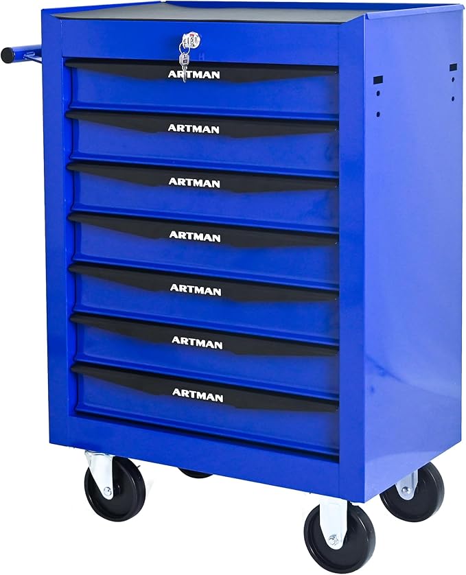 7 Drawers Rolling Tool Box on Wheels, Multifunctional Tool Chest Cabinet with Lock, Drawers Rolling Tool Cart Trolley Organizer Tool Storage Case for Warehouse,Garage,Workshop (Blue)