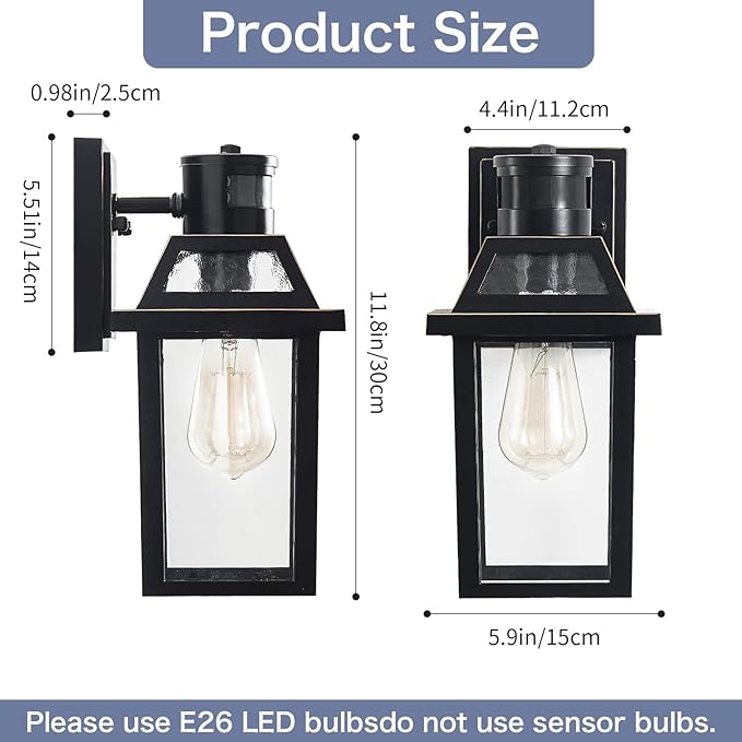 Motion Sensor Outdoor Wall Lights, Porch Light Outdoor 3 Lighting Modes, Dusk to Dawn Exterior Light Fixture, Waterproof, Outside Lights for House Front Door Patio Garage 1 Pack (Black)