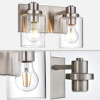 2 Light Vanity Light Fixtures - Brushed Nickel, Modern Design with Clear Glass Shade, Farmhouse Style Over Mirror Lighting