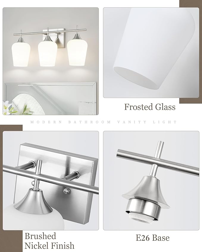 3 Light Bathroom Light Fixtures Over Mirror, 21 Inch Brushed Nickel Bathroom Vanity Lights, Modern Bath Wall Sconces with Frosted Glass Shade, OS-YQ9167-3BNW