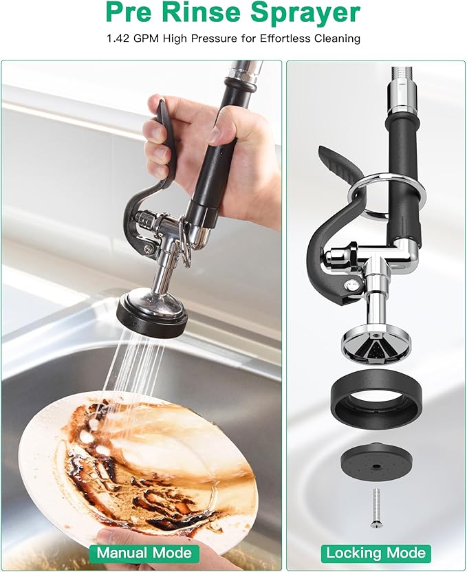 Commercial Sink Faucet with Pre-Rinse Sprayer -Height Adjustable (33-43 inch) Wall Mount Industrial Kitchen Faucet 8 inch Center with Pre-Rinse Sprayer and 12 Inch Swivel Spout