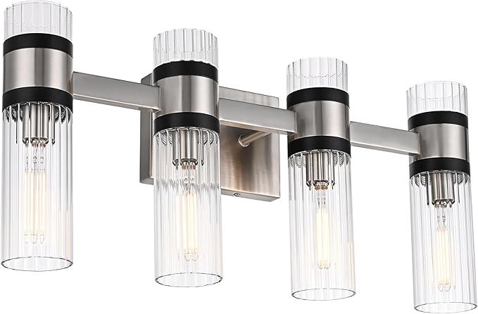 MELUCEE Bathroom Light Fixtures Over Mirror 4 Lights Brushed Nickel Vanity Lights with Ribbed Clear Glass Shade Farmhouse Wall Mount Lamp for Bath Kitchen Bedroom Hallway, E12 Base