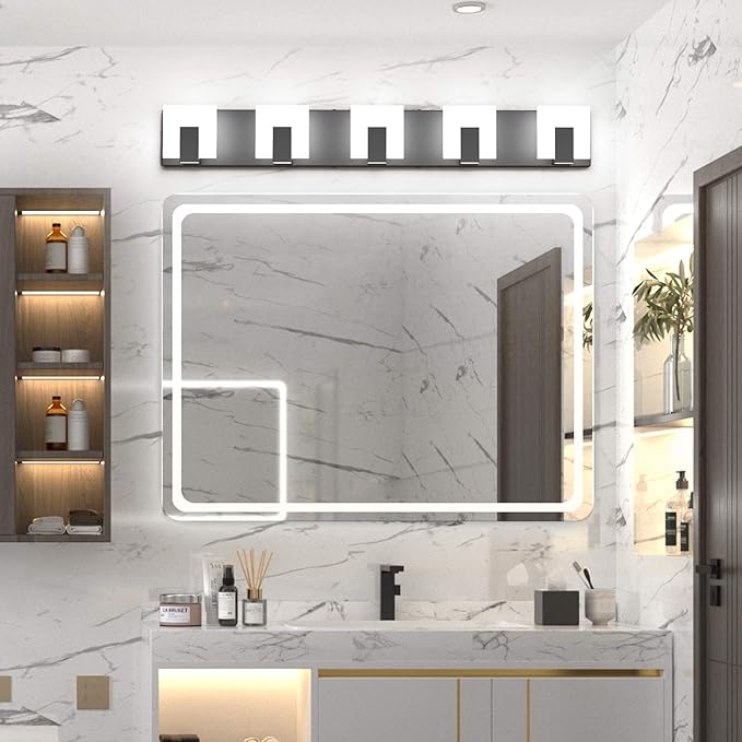 Aipsun 5 Lights Modern Black Vanity Light Up and Down Black Bathroom Lighting Fixtures LED Bathroom Wall Light Over Mirror 6000K